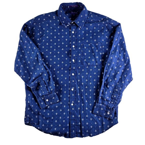 Alan Flusser Other - Alan Flusser Shirt Men's Large Blue Linen Blend Anchor Nautical Print Button L/S